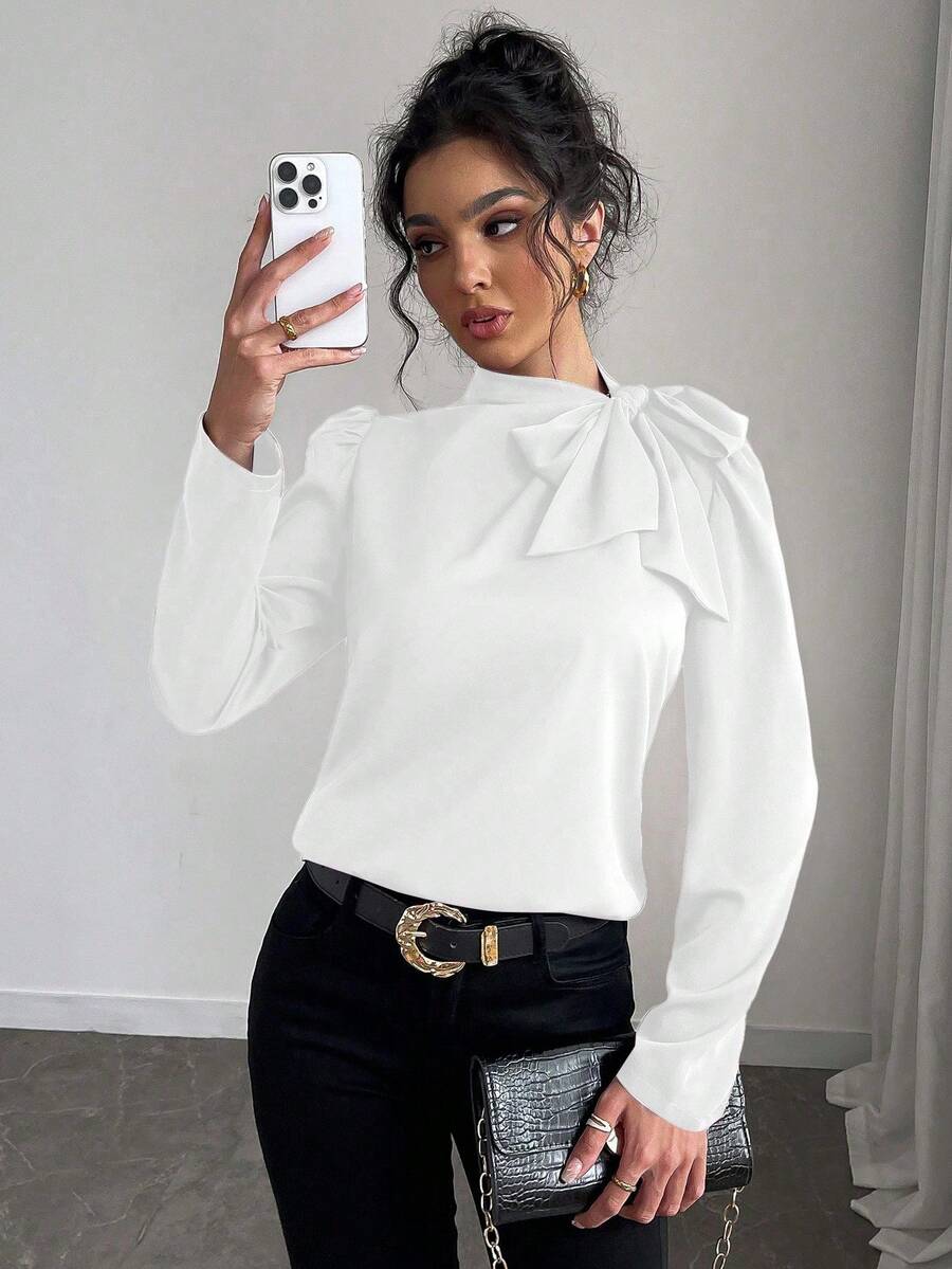 Rafferiza 女士纯色优雅百搭系带领泡泡袖衬衫 - 白色 - 查看 1