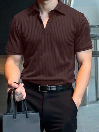 JOLTRO 男士休閒日常極簡羅紋短袖棕色 Polo 衫，商務深色老錢風正式襯衫，儀式穿著