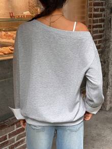 Jouncy Women's Casual Loose Fit Dropped Shoulder Long Sleeve Sweatshirt, Autumn Fall Cloth For Women - Grey - View 3