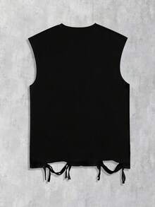 ROMWE MEN Street Life 朋克街头风格图案印花无袖圆领背心，饰有水钻和做旧细节，男士夏季 - 黑色 - 查看 2