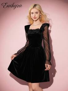 优雅天鹅绒束腰连衣裙，黑色，荷叶边网袖，秋冬 - 黑色 - 查看 4