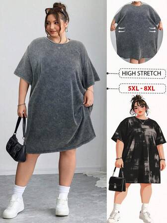 SHEIN CURVE+ Plus Size Casual Cartoon "BADGIRL" English Printed Dress, Summerbeach Outfits For Woman/Beach Dress/Beach Vacation Outfits/Beach Essentials / Graduation/Tea Party Dress,Sundresssummer/Country/Beach Vacation Outfits/Beach Outfits/Beach Wear