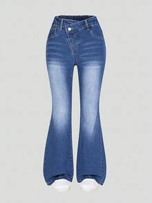 青少年女孩 Y2K 风格牛仔裤，做旧蓝色水洗，弹性紧身喇叭腿休闲裤，适合日常穿着 - 中等水洗藍 - 查看 1