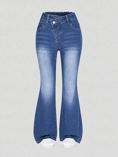 Tween Girls Y2K Style Denim Jeans, Distressed Blue Wash, Stretchy Skinny Flare Leg Casual Pants For Daily Wear Fall Winter