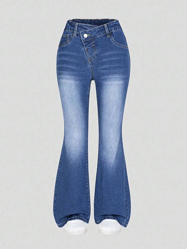 Tween Girls Y2K Style Denim Jeans, Distressed Blue Wash, Stretchy Skinny Flare Leg Casual Pants For Daily Wear Fall Winter