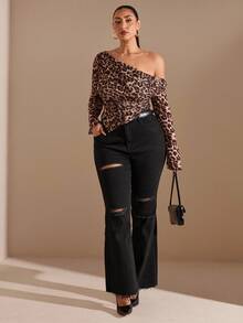 SHEIN BAE EZwear 加大码黑色喇叭破洞弹力牛仔裤 街头服饰 - 黑色 - 查看 7