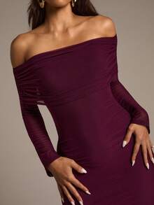 Aloruh Đầm midi ôm sát vai màu đỏ rượu Ankara lưới hở vai mới dành cho nữ mùa thu/đông - Màu tím - Xem 8
