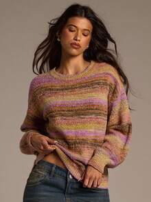Aloruh 女式宽松保暖彩色条纹圆领长袖毛衣，秋冬 - 彩色 - 查看 3