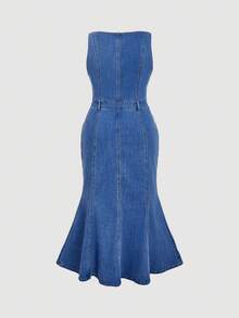 SHEIN MOD Plus Size Women's Button Half-Placket Fishtail Hem Sleeveless Elegant Denim Dress Mermaid Denim Dress Denim Midi Dress Fall Dresses For Women Winter Dress Christmas Dress Elegant Women's Dress Elegant Dresses For Party Country Dress For Women
