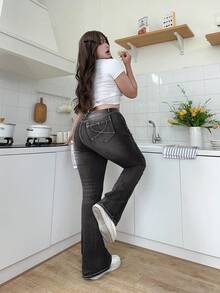 SHEIN MOD Plus Size Blue Denim Casual Skinny Flare Jeans - Black - View 5