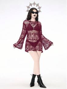 ROMWE Goth Sexy Solid Color Crochet Hollow Sheer Cover-Up, Suitable For Beach Vacation - Burgundy - View 3