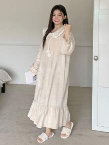 Dazy Plus 保暖内衬宽松蝙蝠袖长款蓬松睡裙，大码女式睡衣，秋冬舒适，宽松睡裙 - 米色 - 查看 7