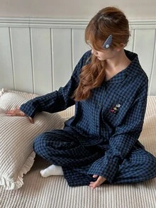 DAZY 青少年/女孩休闲格子家居服套装，宽松舒适卡通图案直筒裤，秋季 - 藏蓝色 - 查看 3