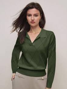 BizChic 春夏新款绿色 Polo 领菱形针织设计女士长袖套头毛衣，时尚优雅，适合都市通勤、日常穿着，百搭90年代复古风，可搭配圣诞节、新年、情人节派对、海滩、毕业典礼等场合，适合婚礼宾客、女主人、约会、派对、音乐会、早午餐、机场、度假等各种场合。 - 軍綠色 - 查看 6