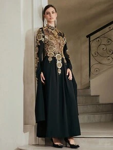 Anewsta 女式新款哥特式雪纺镶珍珠高领高端派对礼服 - 黑色 - 查看 7