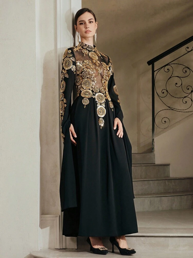 Women's New Gothic Style Chiffon Studded Pearl High Collar High-End Party Dress