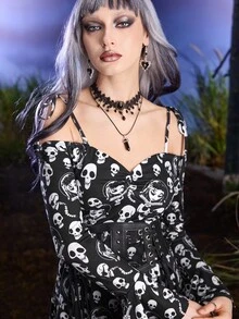 Corpse Bride X SHEIN Women's Summer Skull Print Cold Shoulder Flare Sleeve Dress - Black - View 5