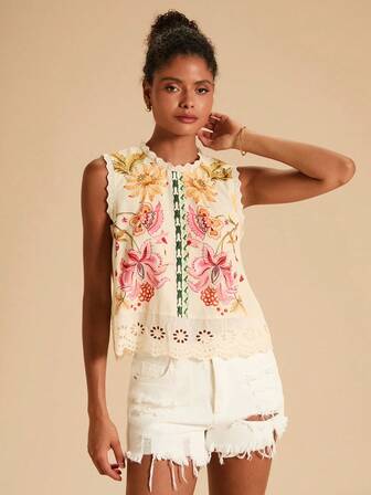 Travachic 女士热带植物印花荷叶边衬衫，适合度假穿着