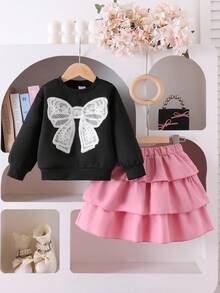 2pcs/Set Young Girls Bowknot Sweatshirt & Cake Skirt Outfit, Spring/Autumn 2024 New Collection Fall Winter - Black - View 4