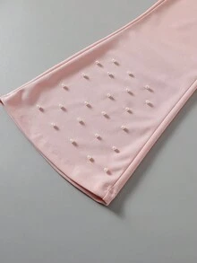 SHEIN 年轻女孩两件套：珍珠装饰修身长袖衬衫 + 修身喇叭裤，春秋季休闲装 - 粉色 - 查看 5