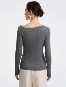 Aalyst 女士优雅修身斜肩金属扣设计长袖毛衣 - 灰色 - 查看 2