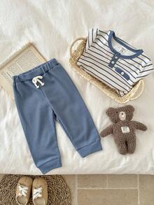 SHEIN 2 件套男婴幼儿新生儿 0-3 岁春夏休闲日常穿着条纹华夫格针织长袖连体衣 + 裤子套装 - 藍色 - 查看 6