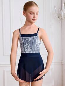 SHEIN 青少年女童紧身衣和芭蕾舞裙套装，修身连体衣，配有可调节天鹅绒和网眼飘逸优雅芭蕾舞裙 - 彩色 - 查看 6