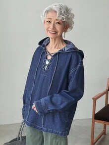 FRIFUL Women's Hollow V-Neck Tie-Up Hooded Casual Denim Top Long Sleeve - Blue - View 4