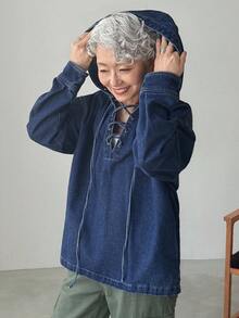 FRIFUL Women's Hollow V-Neck Tie-Up Hooded Casual Denim Top Long Sleeve - Blue - View 5