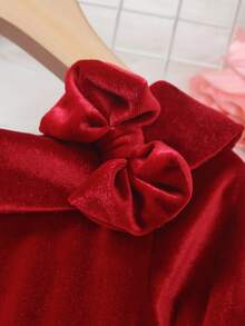 Young Girls Elegant Velvet Long Sleeve Dress, Decorated With Mesh And Bow For Vibe, Suitable For Christmas Party, Daily Wear In Autumn/Winter - Red - View 5