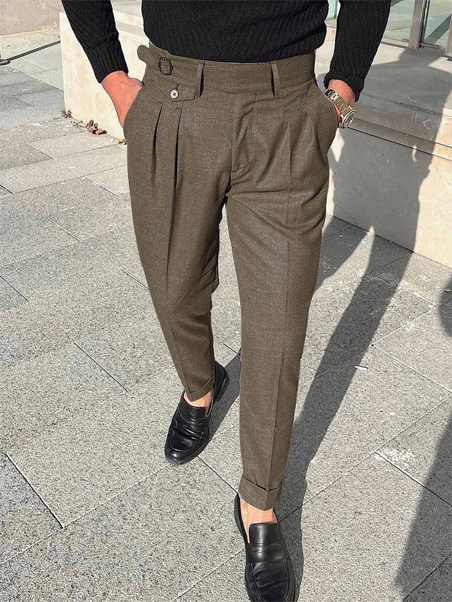 Calvornis Quần âu công sở ống đứng xếp ly màu trơn cho nam Quần nam Quần âu cổ điển cho nam Bộ vest và quần nam Quần âu xếp ly cho nam - Màu nâu Mocha - Xem 1