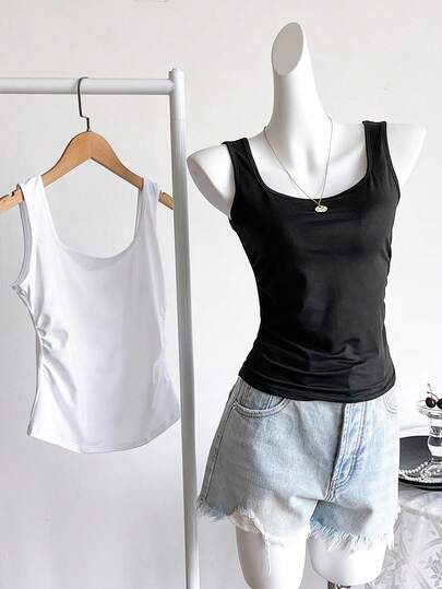 2pcs/Set Teen Girls Minimalist Casual All-Match Versatile Summer Solid Color Square Neck Pleated Fitted Cropped Tank Top, Black & White Classic Combination,Holiday,Summer,Travel