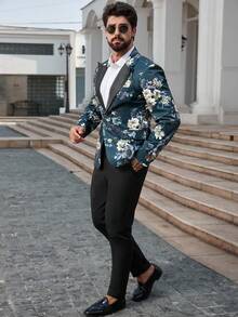 Manfinity AFTRDRK 花卉图案休闲商务通勤长袖男士西装外套 - 綠色 - 查看 4