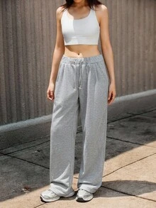 Hanevo 青少年女孩抽绳下摆阔腿直筒休闲休闲裤 - 灰色 - 查看 4