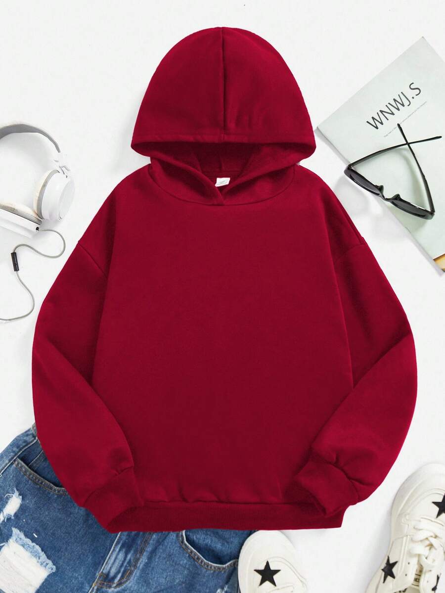 SHEIN Leap Crew Áo nỉ dày có mũ trùm đầu dài tay họa tiết thường ngày dành cho bé gái tuổi teen, thích hợp cho mùa thu/đông, màu đỏ tía trơn, đa năng, thích hợp cho các dịp giao lưu - Màu Đỏ Sâu - Xem 1