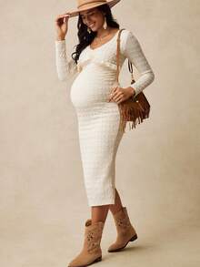 Boho Mama Váy dệt kim ôm dáng cổ chữ V màu trơn cho bà bầu - Màu be - Xem 5