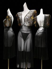 SHEIN 万圣节深 V 蕾丝撞色网眼女式性感睡袍 + T 裤两件套 - 黑色 - 查看 7