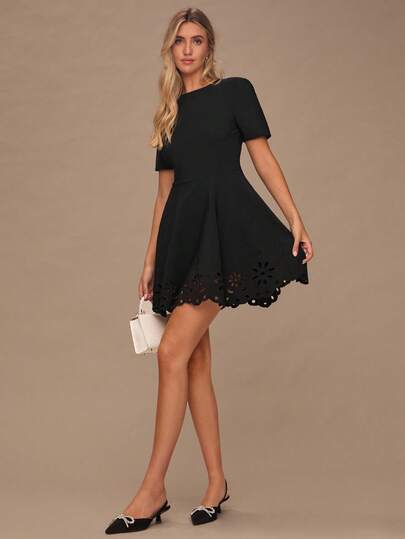 Enchnt 女士时尚优雅纯色镂空短袖迷你连衣裙