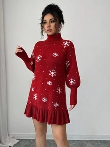 Selianne Vestido de suéter de cuello alto con ajuste holgado y dobladillo con volantes, con estampado de copos de nieve rojos, para otoño/invierno - Burdeos - Ver 6