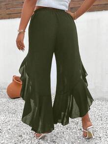 Elenzga Plus Size Ruffle Hem Chiffon Wide Leg Pants - Army Green - View 2