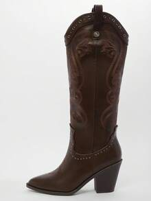 Solezae Women's Glamorous Western Style Pointed Toe Chunky Heel Embroidered Knee-High Boots With Inner Zipper Valentine's Day - Brown - View 8