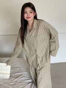 Dazy Plus 两件套加大码女式格子翻领宽松上衣和裤子睡衣套装，春秋季、秋冬季服装，舒适套装 - 卡其色 - 查看 7