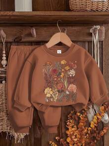 SHEIN Baby Girl Knitted Soft Loose Round Neck Pullover Sweatshirt Set, Casual Thickened For Autumn/Winter - Coffee Brown - View 3