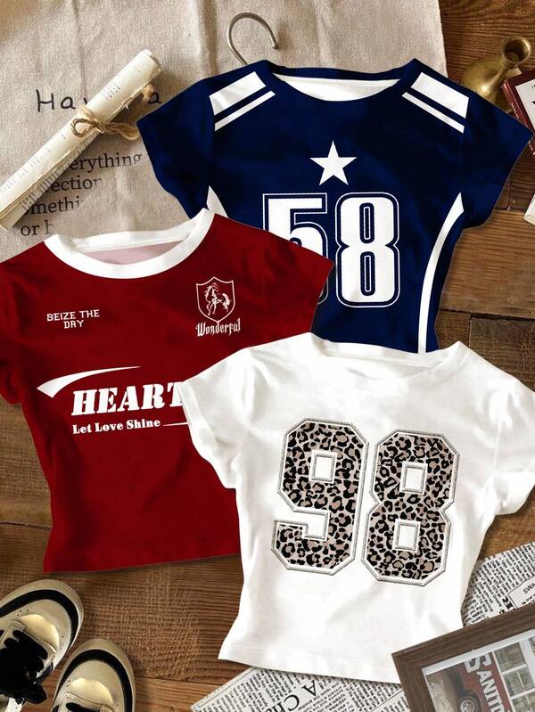 3pcs/Set Teen Girl Casual Minimalist Tight Fit Round Neck Short Sleeve High Waist Cropped Regular T-Shirt, Streetwear Athletic Retro Leopard Print Number 98 58 City Letter Graphic, White, Vintage Red, Navy Blue, Suitable For Summer, Casual Campus, Sports, Outdoor, Street Style, Home