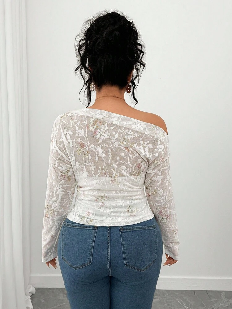 Elenzga Camiseta de mujer talla grande con estampado floral elegante y hombros de encaje elástico - Blanco - Añade 2