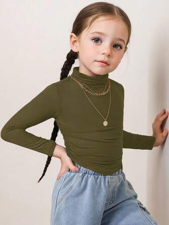 SHEIN Young Girl Black Mock Neck Ruched Basics Solid Color Knit Tee,Great For Casual & Daily Wear & School Daily In Autumn & Winter Fall