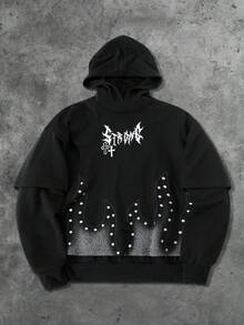 ROMWE MEN Goth Men's Fine Dotted Print 2 In 1 Black Hoodie, Suitable For Everyday Wear In Autumn/Winter - Black - View 1