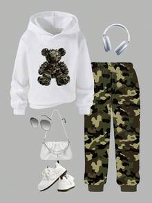 2pcs/Set Young Girl Casual Fashionable Camouflage Bear Graphic Hoodie And Sweatpants Set, Suitable For Autumn, Winter, Spring 2 Piece Set For Girls Camo Sweatpants For Girls Girls Camo Hoodie Kids Camo Sweatsuit Camo Bear Hoodie Camo Hoodie Set For Teens 2 Piece Set For Teens Sweats For Girls Young Girls Sets Fall - Multicolor - View 3