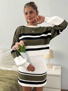 EURMUSE Ribbed Knitwear Co-Ord Set With Colorblock Striped Cropped Sweater And High-Waisted Mini Skirt 2 Piece Casual Sets Woman,Petite,Winter Clothes - Khaki - View 5