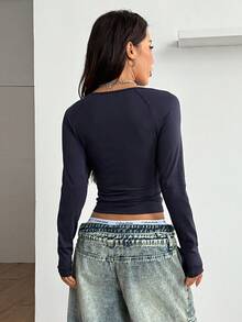 Coolane 女士冬季/秋季街头休闲比赛日返校休闲棉质撞色深蓝色圆领长袖 T 恤 - 彩色 - 查看 6